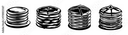 Four stacks of delicious pancakes drawn in a sketch style showcasing breakfast or dessert options for culinary inspiration.