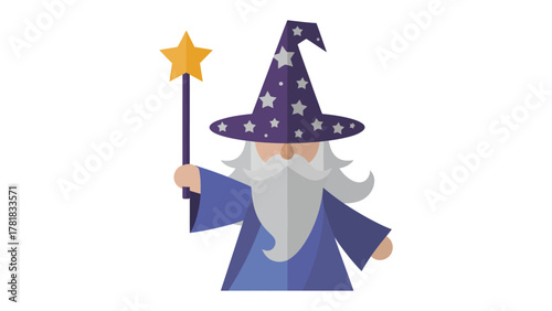 Enchanting Wizard with Magic Wand: A wise wizard, with a long white beard and a pointed hat adorned with stars, raises a sparkling magic wand. ready to work his magic.