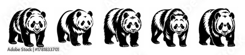 Artistic panda collage featuring five distinct black and white panda designs standing in a row