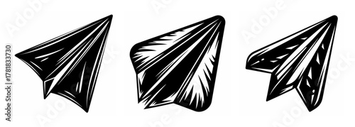 Three graphite sketch paper airplanes in flight demonstrating dynamic angles and artistic texture