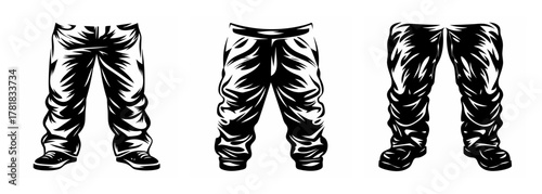 Three different styles of detailed black and white drawings of pants and boots