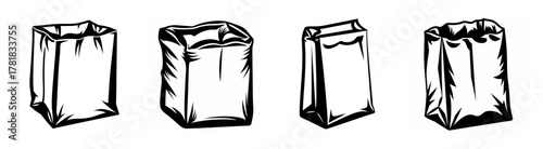 Hand drawn sketches of four paper bags in different perspectives on a light colored background