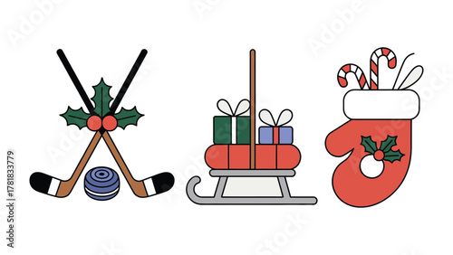 Festive Holiday Icons: A collection of charming Christmas icons, with each element reflecting the spirit of the season. Featuring playful hockey sticks adorned with holly, a sled laden with gifts.