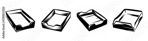 Four hand-drawn style paper trays shown from various angles with sketchy outlines ideal for organization concepts
