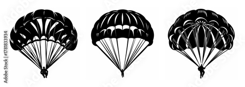 Three detailed line drawings of parachutes in black and white demonstrating descent and air resistance