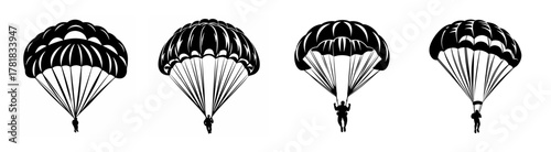 Four black and white sketch style parachutes deployed and falling against a white canvas