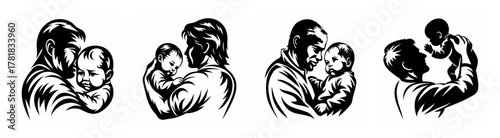 Tender embrace four black and white line art images capturing parent holding baby moments