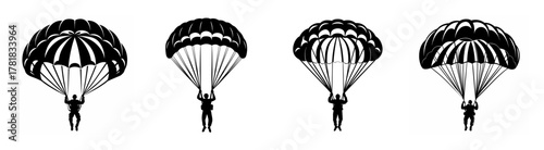 Four parachutists descending diverse parachute designs silhouette style skydiving extreme sport adventure