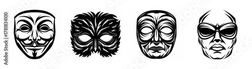 Collection of four distinctive carnival and masquerade masks with intricate designs and varied styles