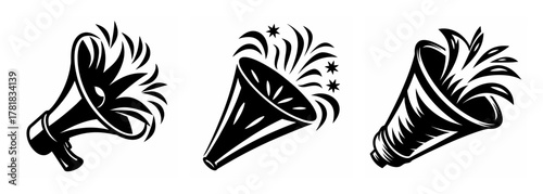 Three festive party poppers exploding with confetti and streamers in a dynamic black and white graphic style