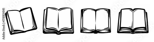 Set of four hand-drawn open book illustrations showing different angles and perspectives ideal for educational content