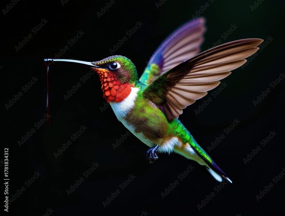 Fototapeta premium A hummingbird is flying in the air with a red and white body