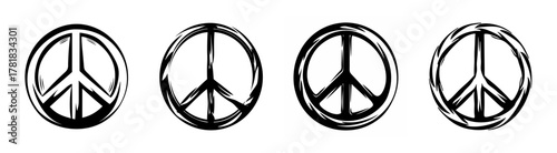 Four hand-drawn peace symbols arranged side-by-side representing harmony and unity