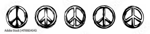 Collection of five distressed hand-drawn peace symbols in black and white perfect for impactful messages.