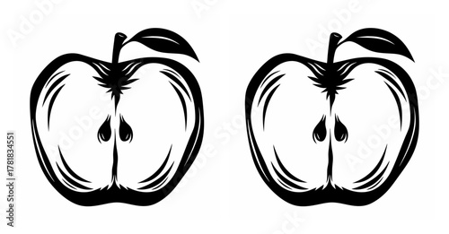 Two stylized cut apples with detailed seeds and leaves in a striking black and white graphic