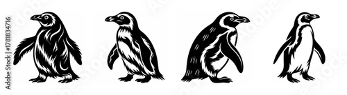 Four charming penguins in motion capturing their signature waddle on a clean canvas