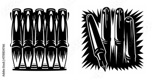 Black and white artistic renderings of fountain pens and ink bottles for writing enthusiasts