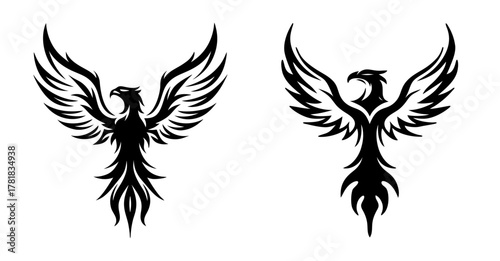 Symbolic phoenix designs featuring two mythical birds rising with flaring wings and tails
