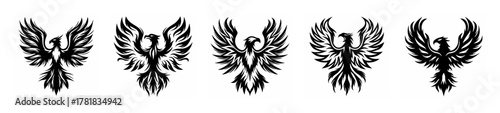 Five stylized black phoenix designs symbolizing rebirth immortality power and mystical legend