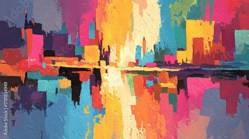 Vibrant abstract modern art painting colorful cityscape contemporary background oil on canvas artistic expression