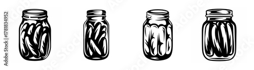 Four jars filled with pickled cucumbers rendered in a sketchy artistic style on white