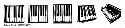 Collection of artistic piano keyboard keys rendering various angles and styles for musical inspiration