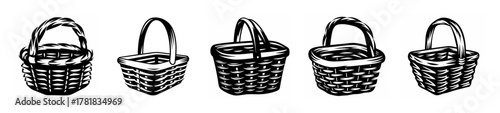 A collection of five detailed black and white line drawings of traditional woven picnic baskets