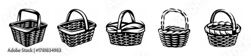 Row of five vintage picnic baskets overflowing with baked goods and fruits rendered in sketchy black and white style.