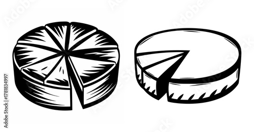 Two pie charts showing slices with detailed hatching texture representing segments of a whole