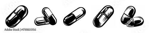 A sketch of five oval-shaped medicinal capsules scattered in various orientations providing a simple yet effective visual representation of medication