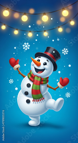 Dancing snowman celebrating New Year and Christmas with joy