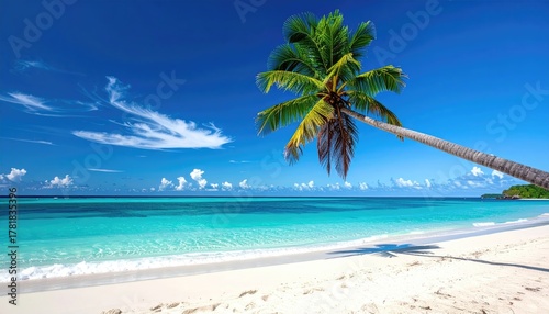 Fototapeta Naklejka Na Ścianę i Meble -  Tropical Paradise Palm Tree Swaying Over White Sand Beach Crystal Clear Turquoise Ocean Water Under Bright Blue Sky With Wispy Clouds Scenic Coastal Landscape