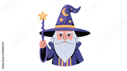 Wizard with Star Wand: An illustrative depiction of a wizard, complete with a long white beard, a star-topped wand, and a pointed hat adorned with crescent moons and stars, evoking themes of fantasy.