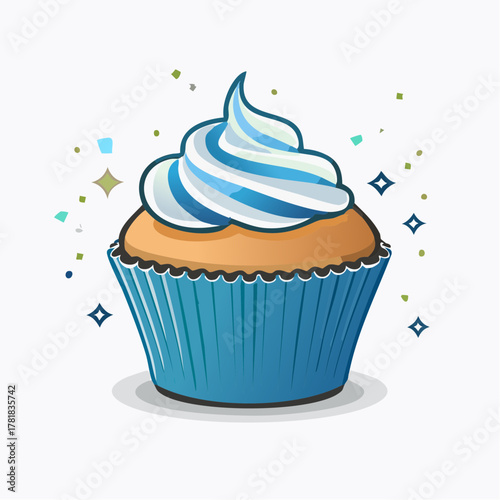 Cup Cake in einem blauen Förmchen mit Icing in blau weiß, umgeben von Sternen