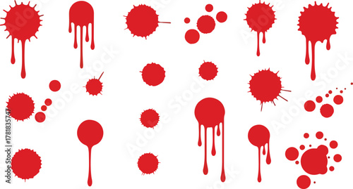 Image presents red blood spatter with diverse patterns drippings and scattered forms