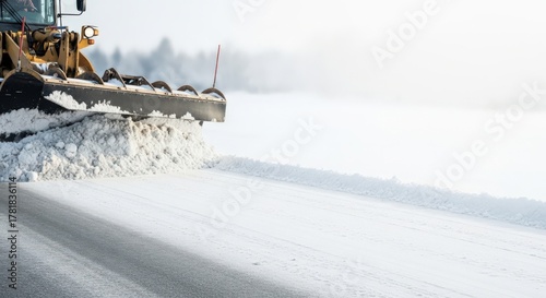 Snowplow clearing snowy road in winter landscape