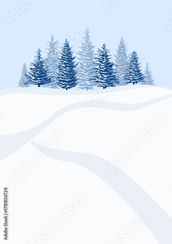 Winter landscape background with fir trees and snow in mountain. Christmas vacations in a snowy landscape.