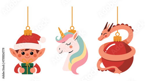 Fantasy Ornament Trio: A charming festive trio of holiday ornaments featuring a playful elf, a serene unicorn, and a whimsical dragon, ready to bring magic and cheer to the season.