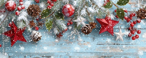 Festive Christmas Garland with Red Stars and Berries on Wood.