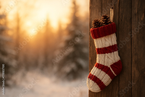 A thick, cable-knit Christmas stocking in cream and red stripes hanging on a weathered wooden fence, with a few pine cones peeking out from the top. Out-of-focus background of a snowy forest at dawn.