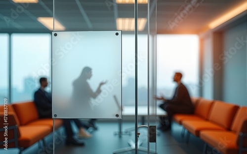 A glass conference room door features a frosted empty sign, with blurred silhouettes engaging within and orange seating accents decorating the background. High quality