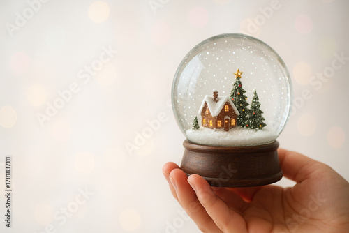A hand holding a beautiful glass snow globe containing a miniature Christmas village, with tiny glittering snowflakes suspended inside. White background with very subtle, pastel-colored bokeh lights.