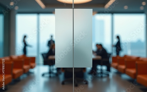 A glass conference room door features a frosted empty sign, with blurred silhouettes engaging within and orange seating accents decorating the background. High quality