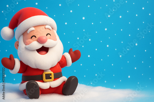 A cheerful cartoon-style Santa Claus doll with exaggerated happy expression, wearing red suit with white fur trim, sitting in soft snow. Bright blue background with falling snowflakes