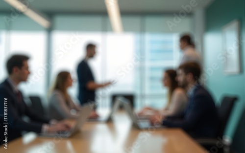 Blurred background of a modern office interior with blurred business people working in a team at a table. High quality