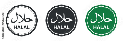 Set of Halal Food Label with Arabic Text for Certification of Islamic Dietary Compliance Isolated on Transparent Background