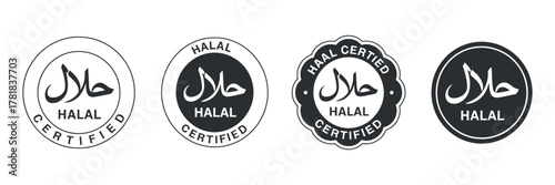 Set of halal certified product design marks on transparent background, muslim traditional diet with arabic scripture for permissibility
