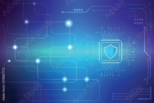 Digital technology concept, cyber security, data protection, internet network connection, prominent shield in HUD center.