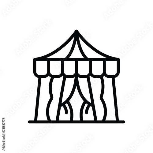 A circus tent icon outlined in black featuring a striped top and draped curtains