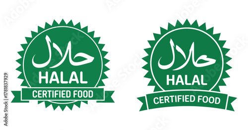 Halal approved food label sticker tag muslim certified product quality control islamic seal dietary requirements vector isolated badge emblem